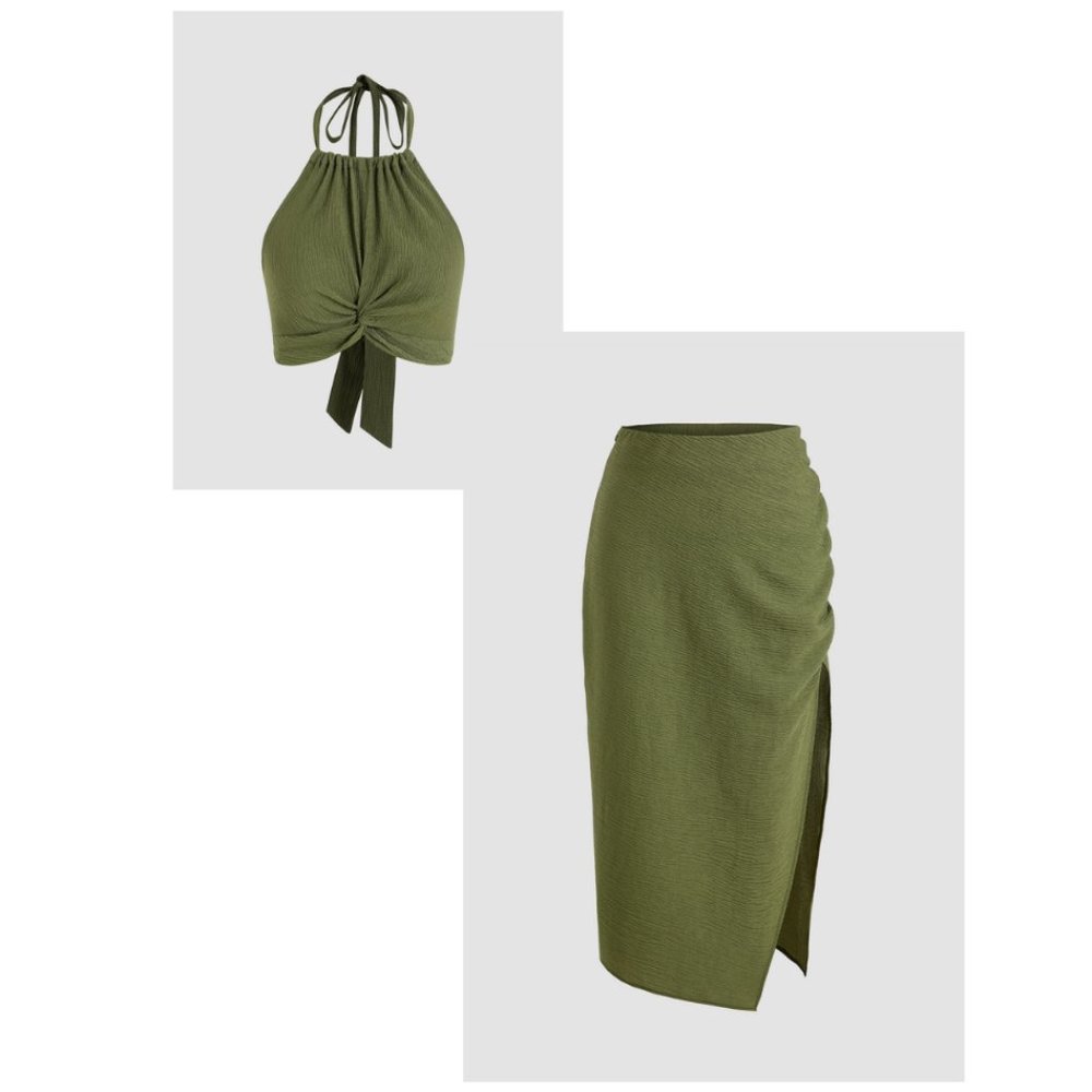 Solid Texture Twist Halter Top & Slit Midi Skirt Two-Piece Set